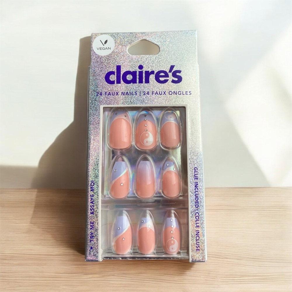 NEW Claire's Vegan 24 Faux Nails Purple White Tip Gem Design Press On Glue